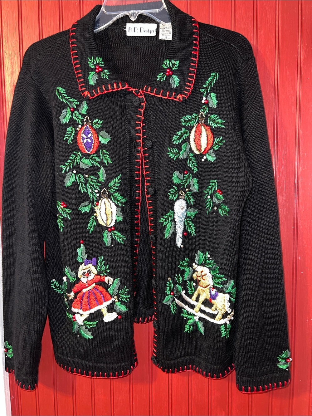 VTG B.P. Design Christmas sweater S embroidered toys ornaments beaded cardigan